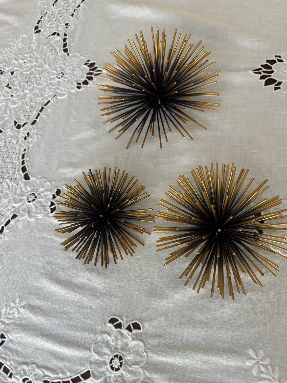Set of 3 Mid-Century Modern Style Gold & Black Metal Sea Urchin Wall Sculptures
